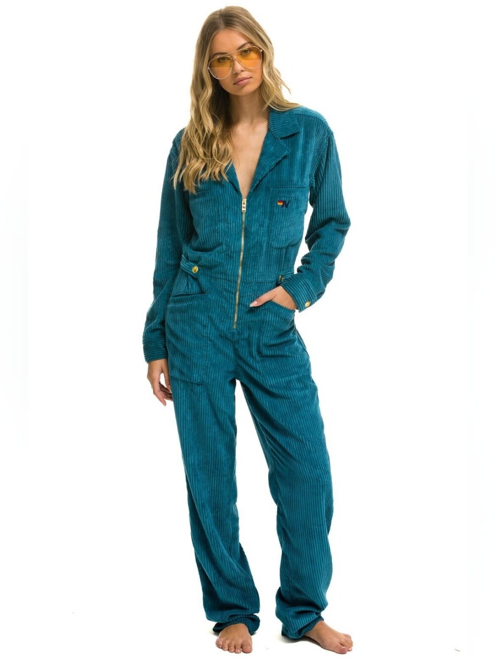 Aviator Nation Teal Corduroy Zip-Front Jumpsuit xl Beautiful
